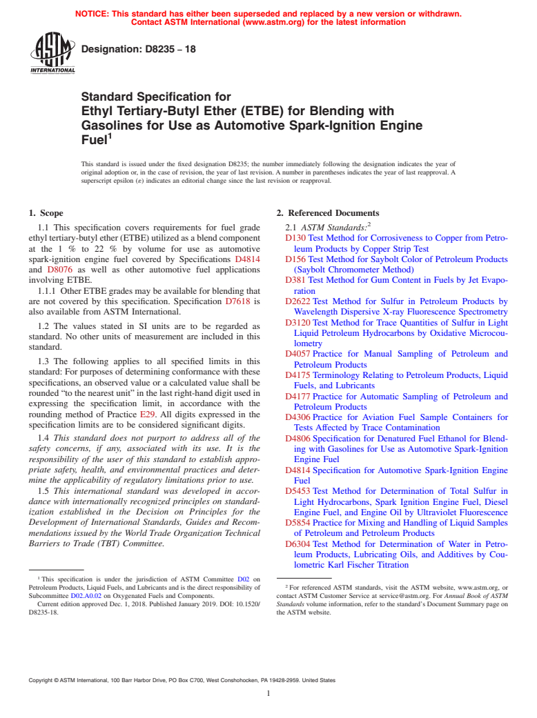 ASTM D8235-18 - Standard Specification for Ethyl Tertiary-Butyl Ether (ETBE) for Blending with Gasolines  for Use as Automotive Spark-Ignition Engine Fuel