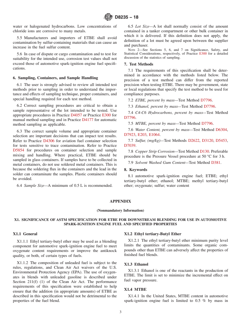 ASTM D8235-18 - Standard Specification for Ethyl Tertiary-Butyl Ether (ETBE) for Blending with Gasolines  for Use as Automotive Spark-Ignition Engine Fuel