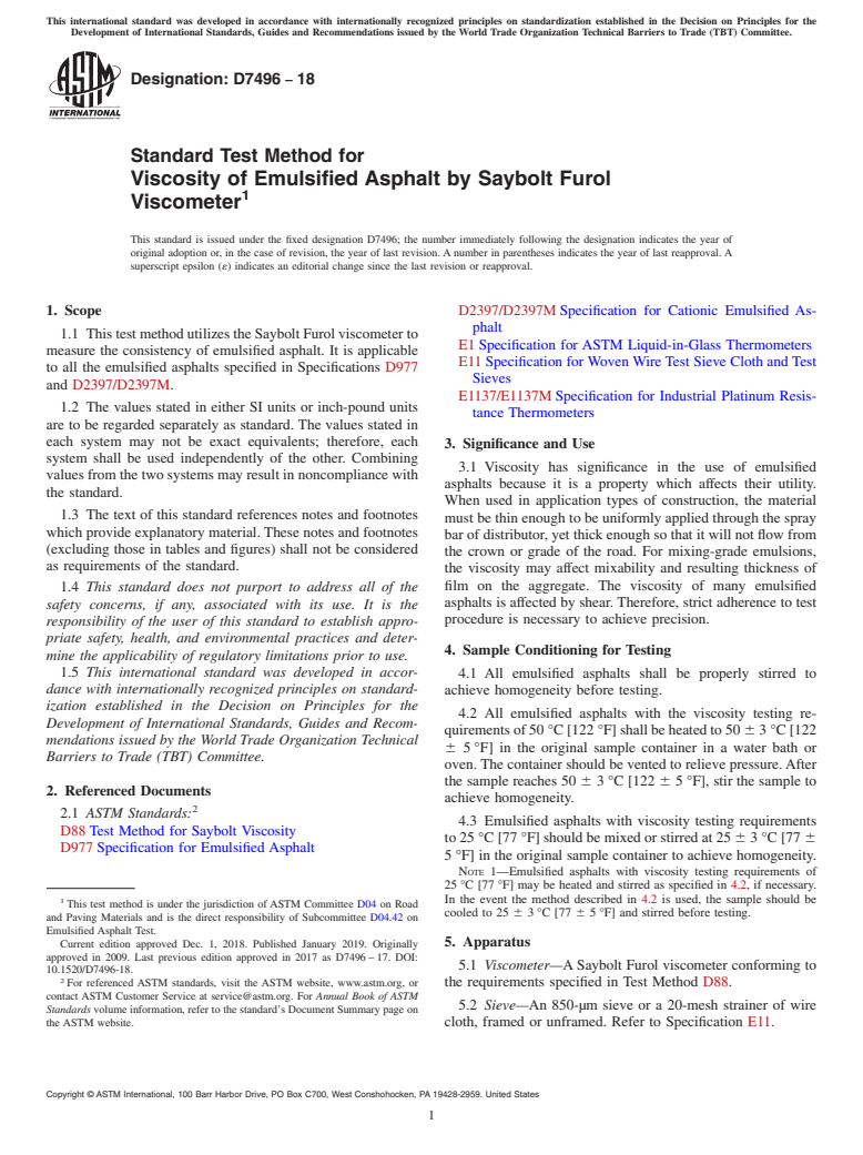 ASTM D7496-18 - Standard Test Method for  Viscosity of Emulsified Asphalt by Saybolt Furol Viscometer