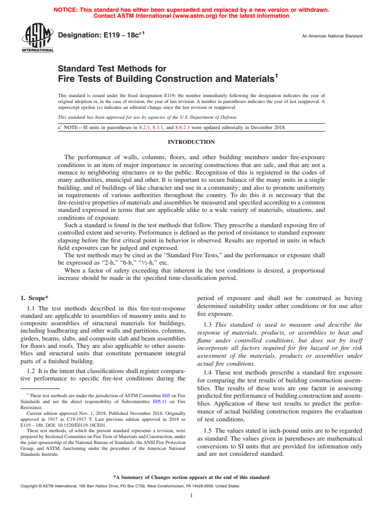 ASTM E119-18ce1 - Standard Test Methods for  Fire Tests of Building Construction and Materials