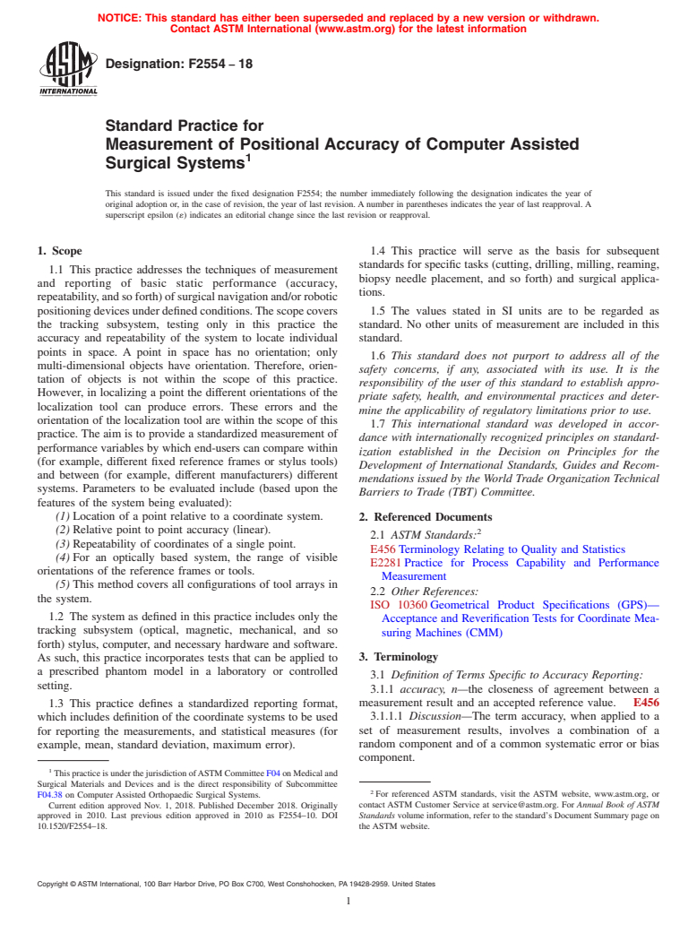 ASTM F2554-18 - Standard Practice for  Measurement of Positional Accuracy of Computer Assisted Surgical  Systems