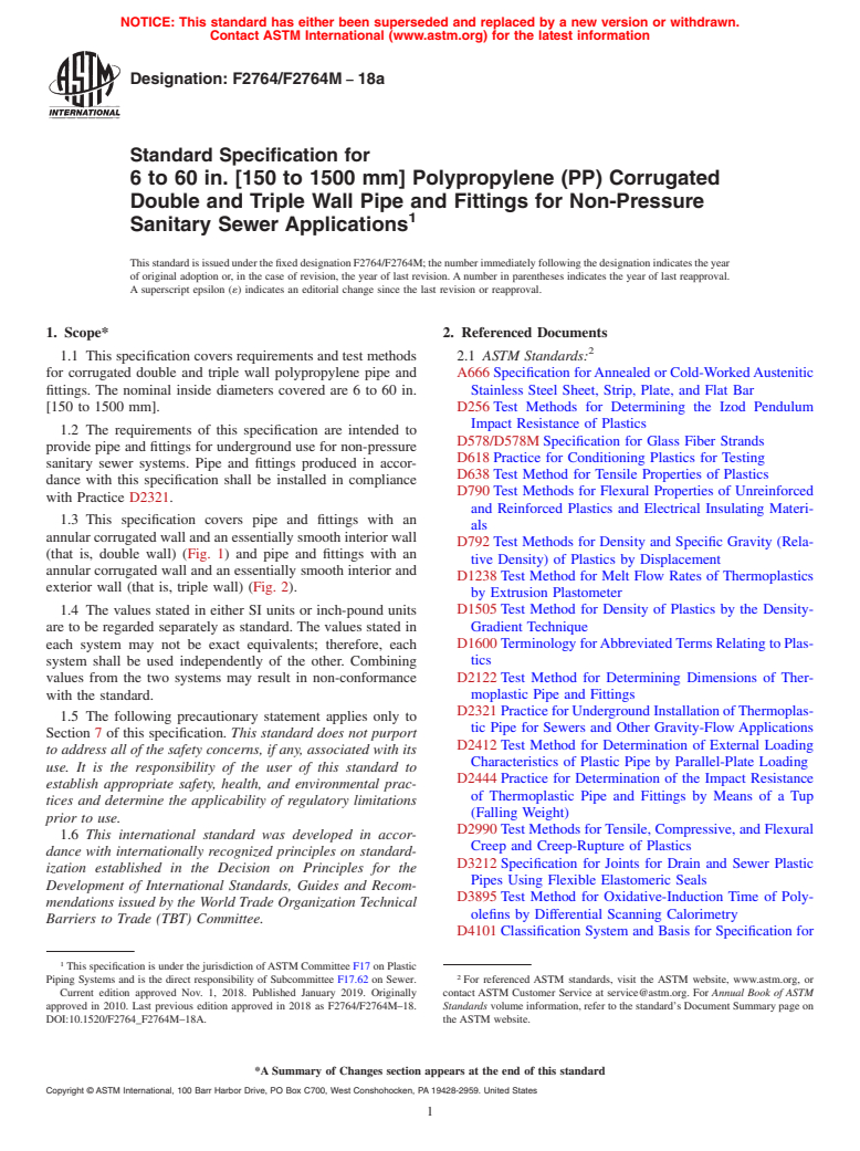 ASTM F2764/F2764M-18a - Standard Specification for  6 to 60 in. [150 to 1500 mm] Polypropylene (PP) Corrugated  Double and Triple Wall  Pipe and Fittings for Non-Pressure Sanitary  Sewer Applications