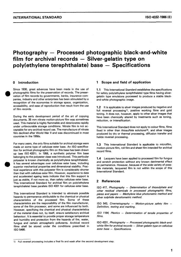 ISO 4332:1986 - Photography -- Processed photographic black-and-white film for archival records -- Silver-gelatin type on poly(ethylene terephthalate) base -- Specifications