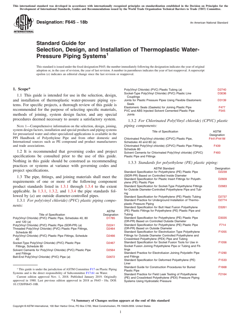 ASTM F645-18b - Standard Guide for  Selection, Design, and Installation of Thermoplastic Water-  Pressure Piping Systems