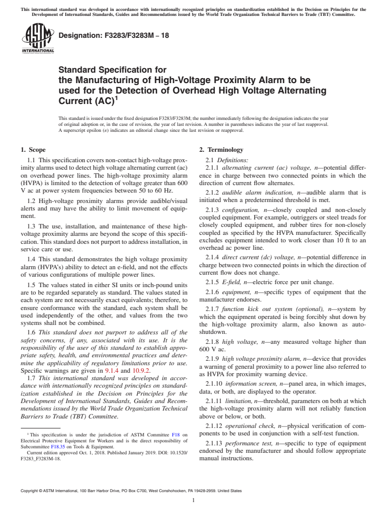 ASTM F3283/F3283M-18 - Standard Specification for the Manufacturing of High-Voltage Proximity Alarm to be used  for the Detection of Overhead High Voltage Alternating Current (AC)