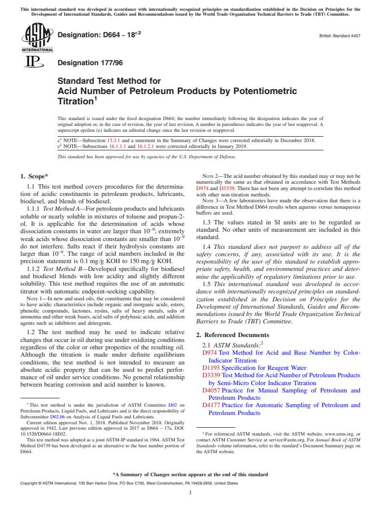 ASTM D664-18e2 - Standard Test Method for Acid Number of Petroleum Products by Potentiometric Titration