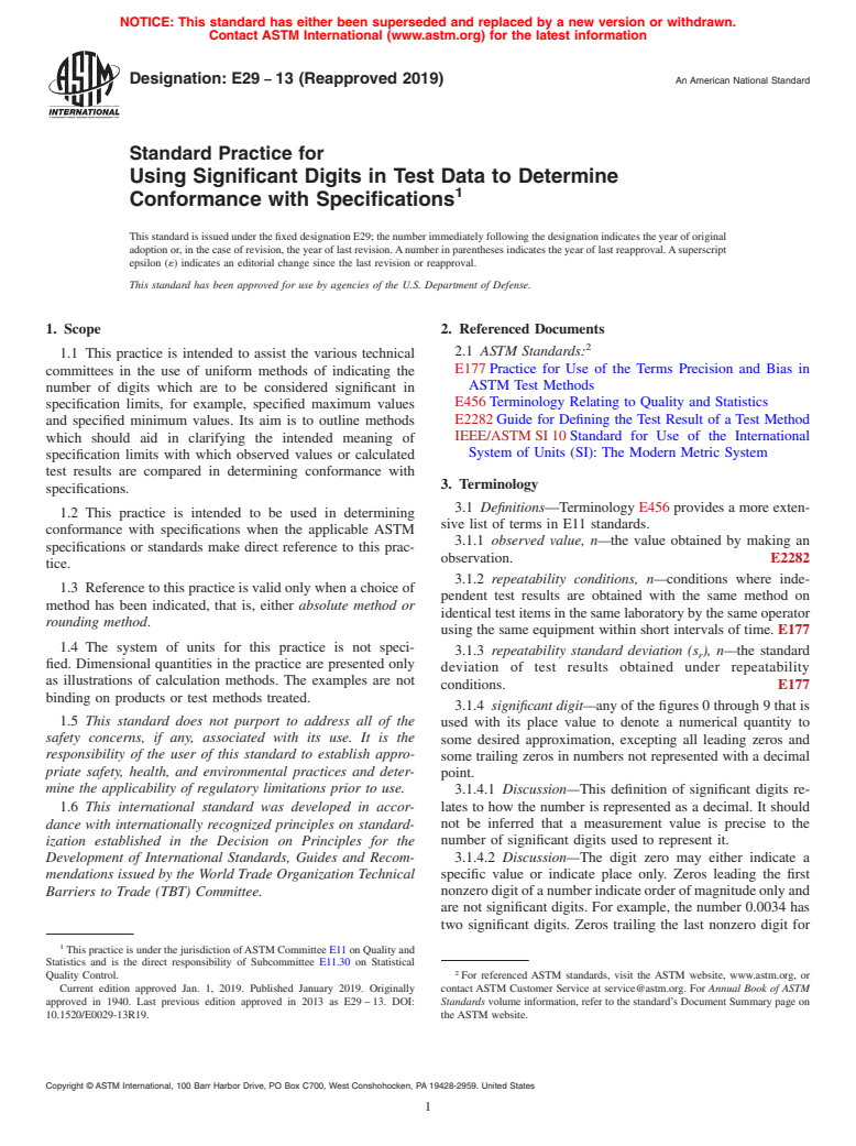 ASTM E29-13(2019) - Standard Practice for  Using Significant Digits in Test Data to Determine Conformance  with Specifications