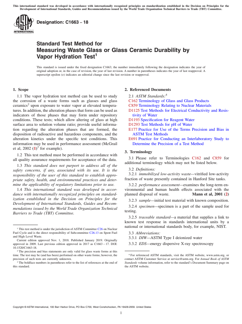 ASTM C1663-18 - Standard Test Method for  Measuring Waste Glass or Glass Ceramic Durability by Vapor  Hydration Test