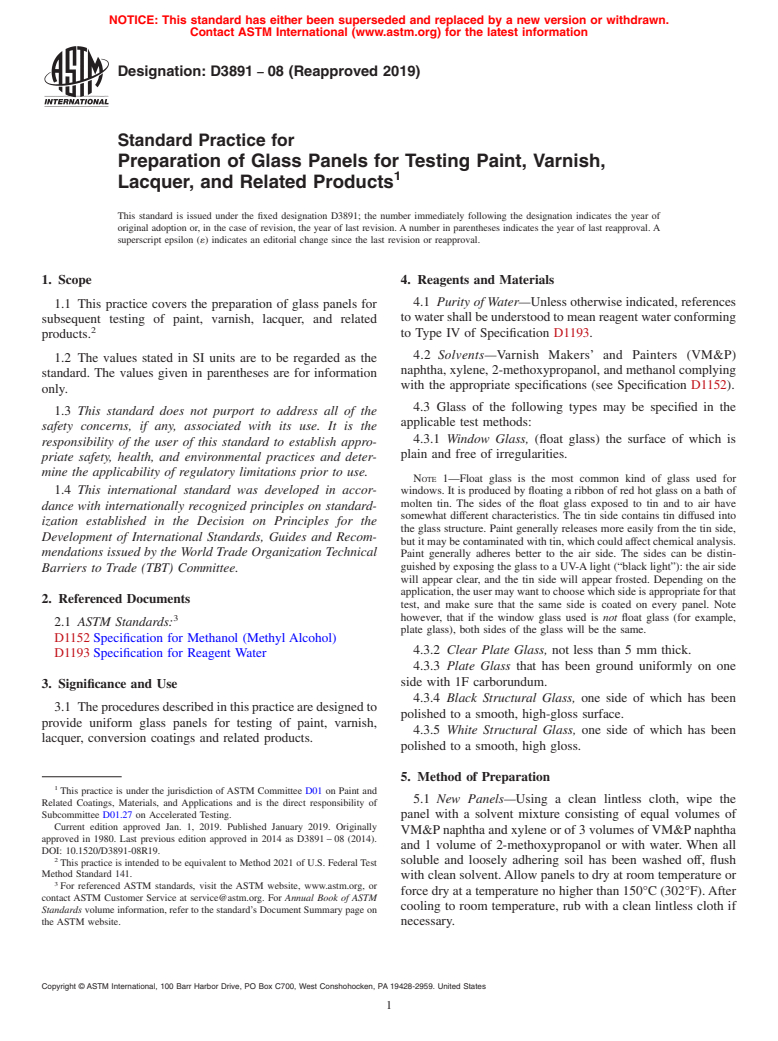 ASTM D3891-08(2019) - Standard Practice for Preparation of Glass Panels for Testing Paint, Varnish, Lacquer,  and Related Products