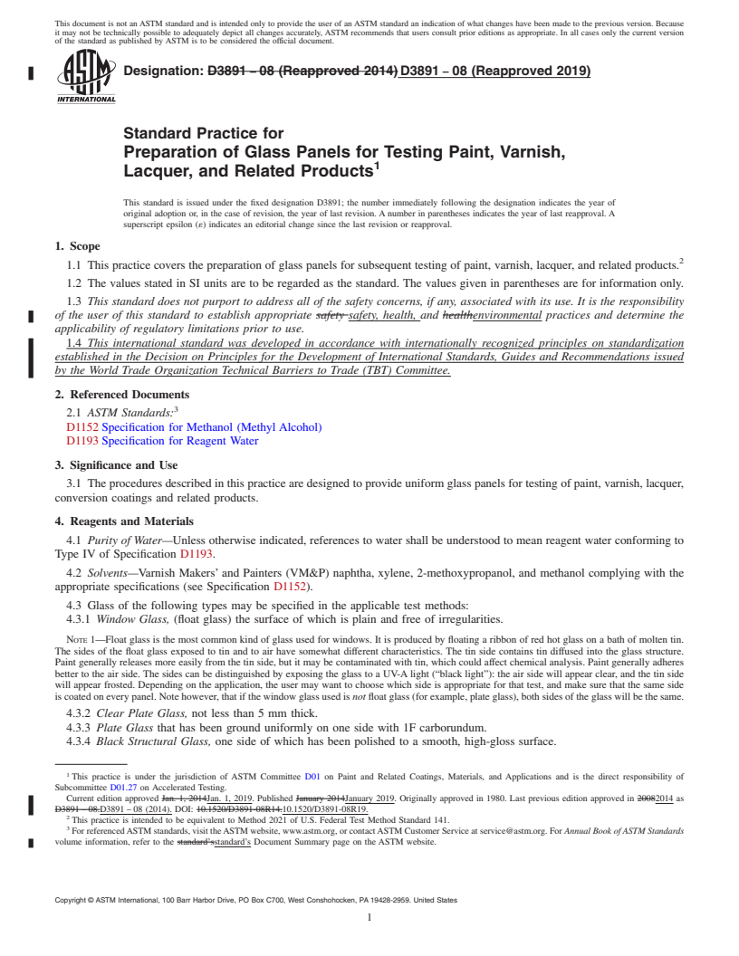 REDLINE ASTM D3891-08(2019) - Standard Practice for Preparation of Glass Panels for Testing Paint, Varnish, Lacquer,  and Related Products