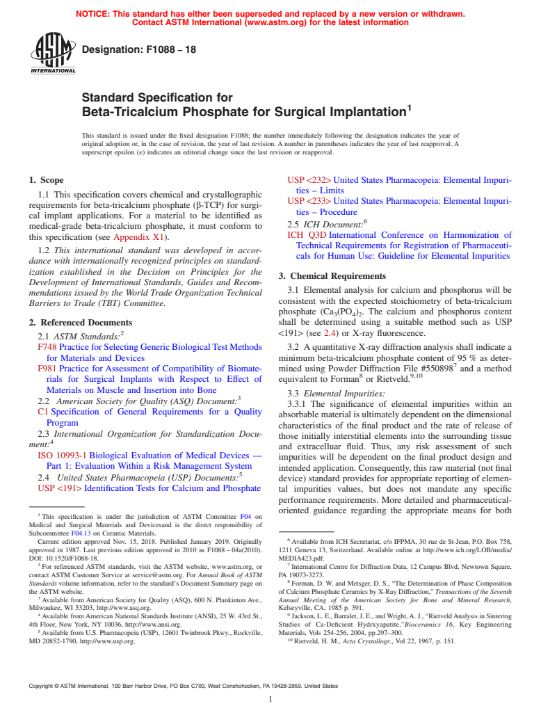 ASTM F1088-18 - Standard Specification for  Beta-Tricalcium Phosphate for Surgical Implantation