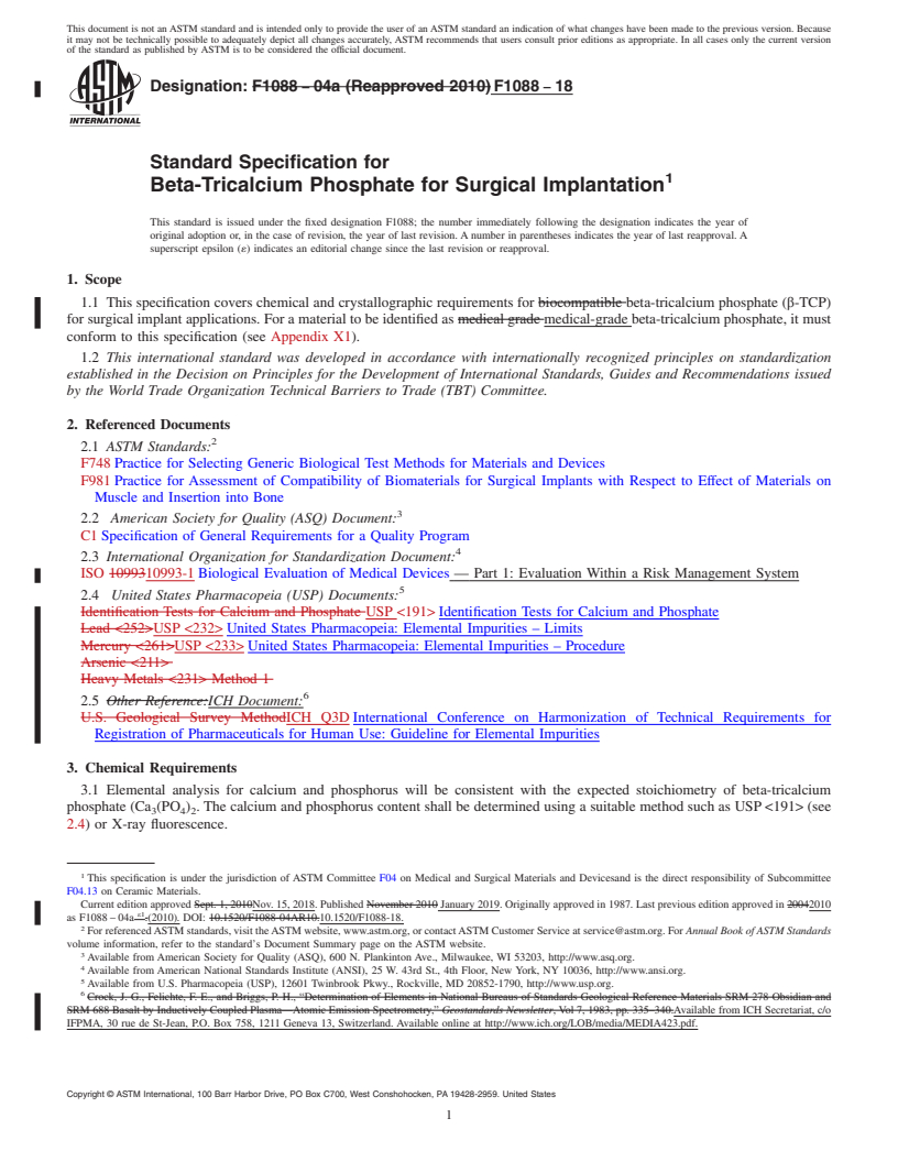 REDLINE ASTM F1088-18 - Standard Specification for  Beta-Tricalcium Phosphate for Surgical Implantation