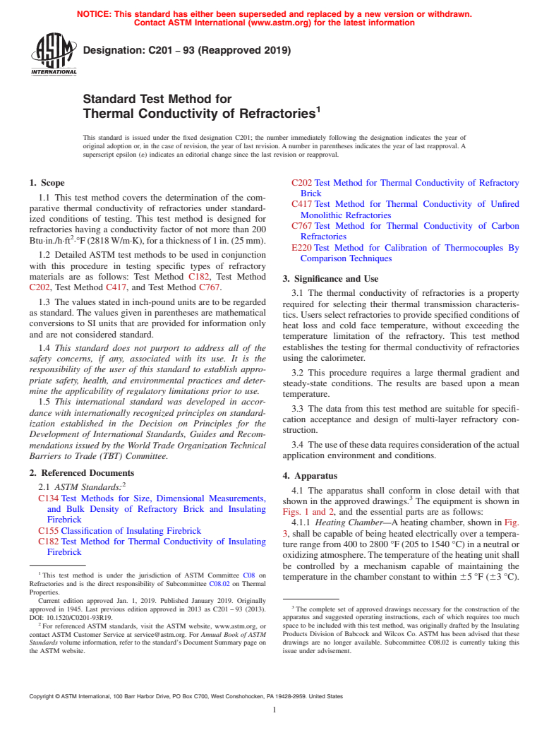 ASTM C201-93(2019) - Standard Test Method for Thermal Conductivity of Refractories