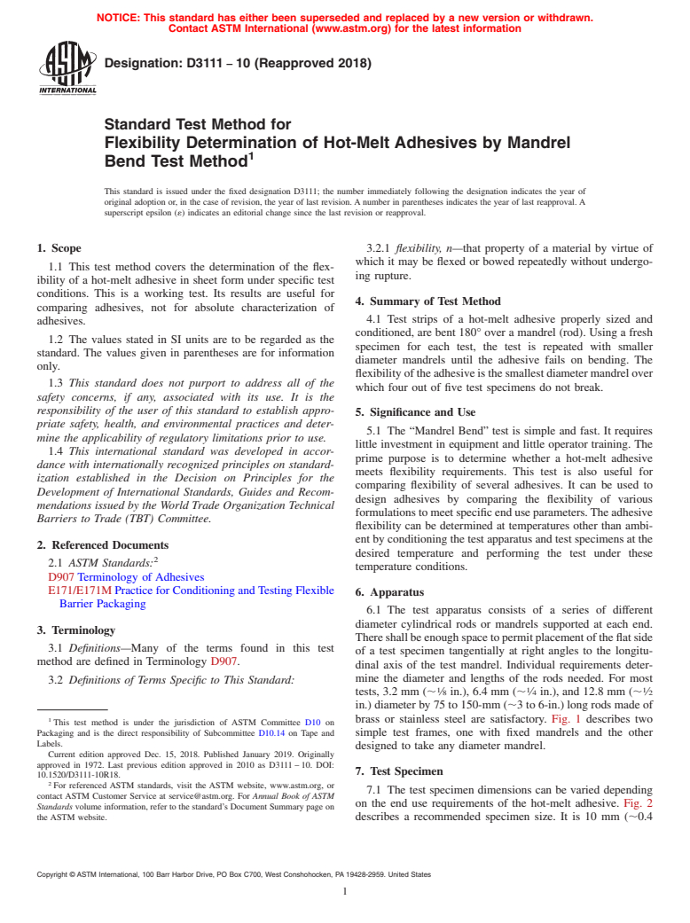 ASTM D3111-10(2018) - Standard Test Method for Flexibility Determination of Hot-Melt Adhesives by Mandrel  Bend Test  Method