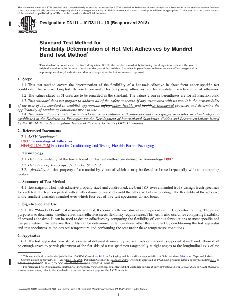 REDLINE ASTM D3111-10(2018) - Standard Test Method for Flexibility Determination of Hot-Melt Adhesives by Mandrel  Bend Test  Method