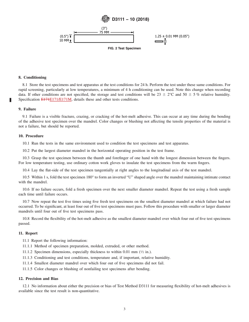 REDLINE ASTM D3111-10(2018) - Standard Test Method for Flexibility Determination of Hot-Melt Adhesives by Mandrel  Bend Test  Method