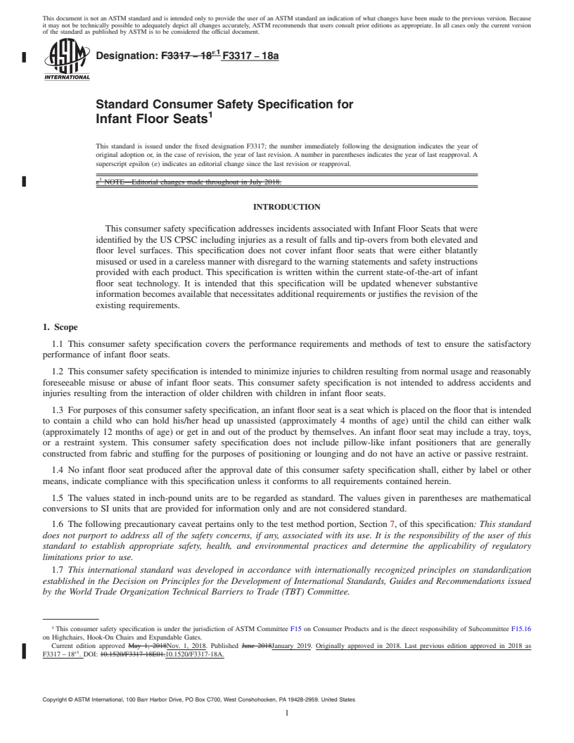 REDLINE ASTM F3317-18a - Standard Consumer Safety Specification for Infant Floor Seats