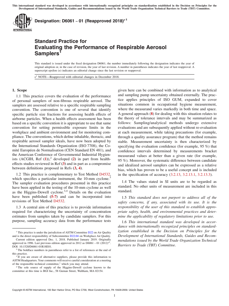 ASTM D6061-01(2018)e1 - Standard Practice for  Evaluating the Performance of Respirable Aerosol Samplers