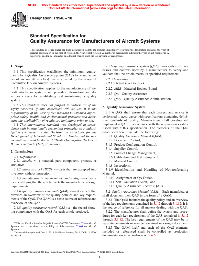 ASTM F3246-18 - Standard Specification for Quality Assurance for Manufacturers of Aircraft Systems