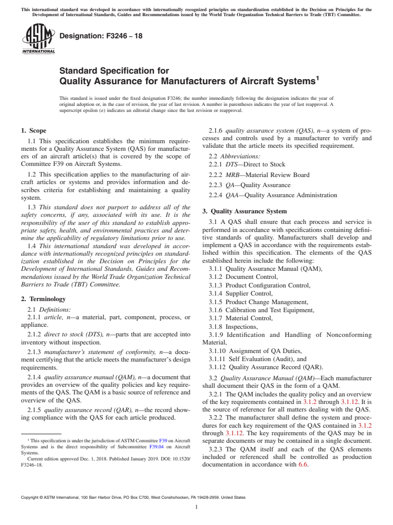 ASTM F3246-18 - Standard Specification for Quality Assurance for Manufacturers of Aircraft Systems