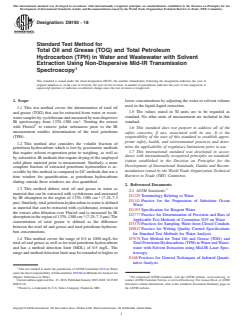ASTM D8193-18 ASTM D8193-18 - Standard Test Method for Total Oil and Grease (TOG) and Total Petroleum Hydrocarbon (TPH) in Water and Wastewater with Solvent Extraction Using Non-Dispersive Mid-IR Transmission Spectroscopy - Page 1 preview