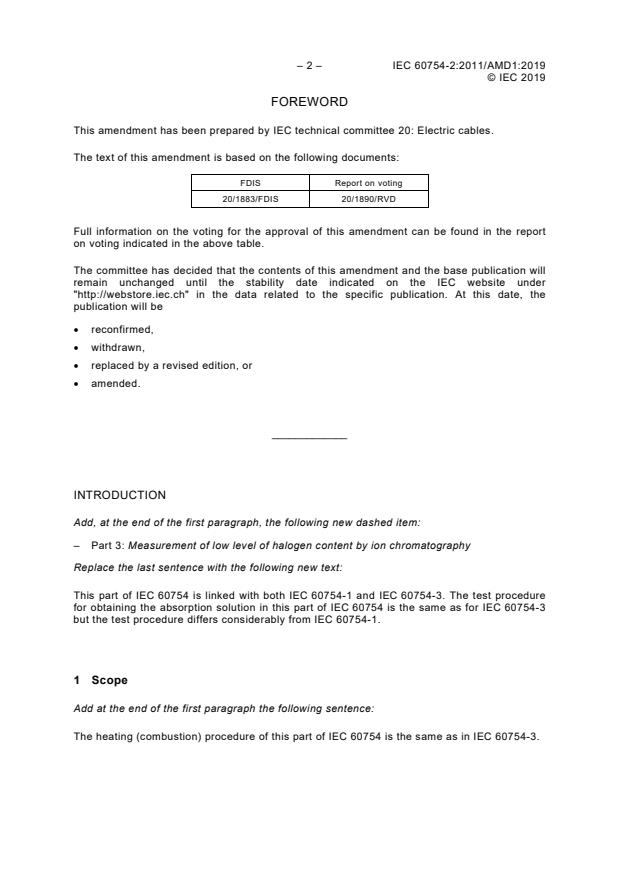 IEC 60754-2:2011/AMD1:2019 IEC 60754-2:2011/AMD1:2019 - Amendment 1 - Test on gases evolved during combustion of materials from cables - Part 2: Determination of acidity (by pH measurement) and conductivity - Page 4 preview