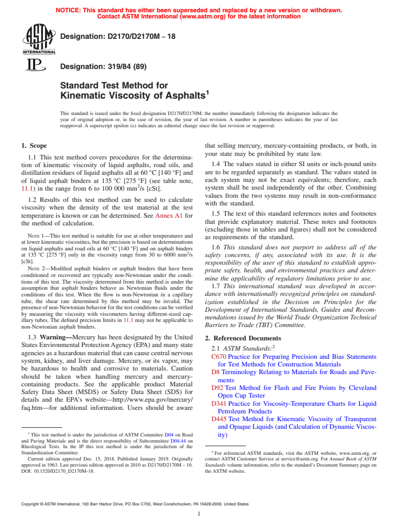 ASTM D2170/D2170M-18 - Standard Test Method for  Kinematic Viscosity of Asphalts