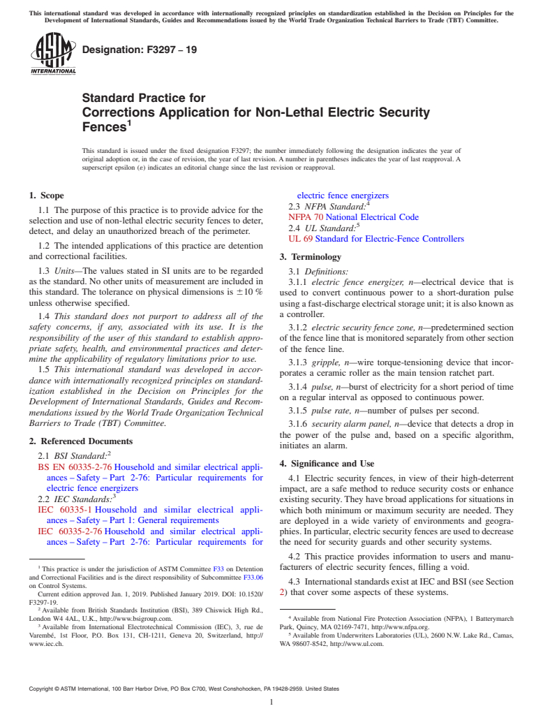 ASTM F3297-19 - Standard Practice for Corrections Application for Non-Lethal Electric Security Fences