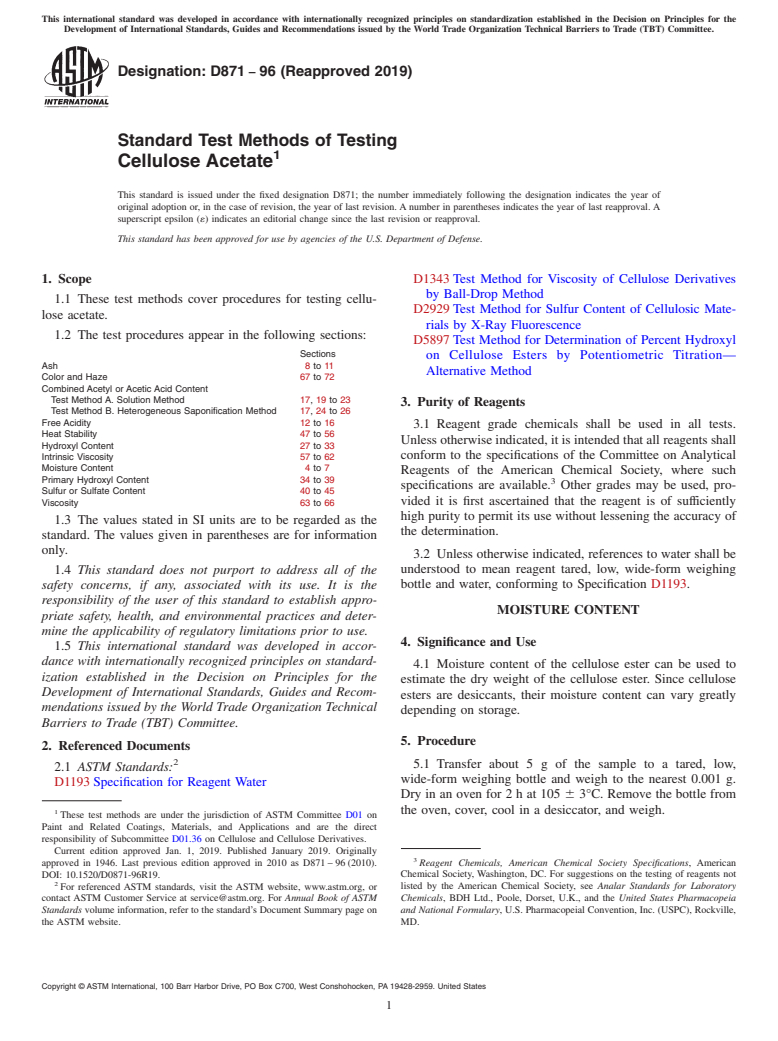 ASTM D871-96(2019) - Standard Test Methods of Testing Cellulose Acetate