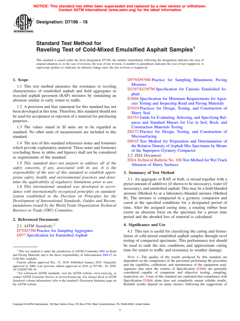 ASTM D7196-18 - Standard Test Method for  Raveling Test of Cold-Mixed Emulsified Asphalt Samples