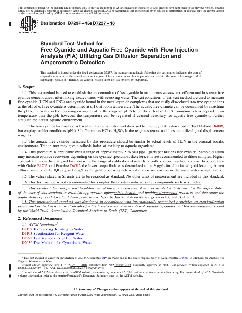 REDLINE ASTM D7237-18 - Standard Test Method for  Free Cyanide and Aquatic Free Cyanide with Flow Injection Analysis  (FIA) Utilizing Gas Diffusion Separation and Amperometric Detection