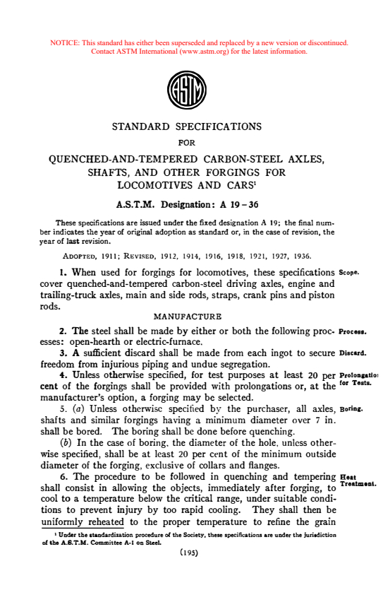 ASTM A19-36 - Specification for Quenched-and-Tempered Carbon-Steel Axles, Shafts, and Other Forgings for Locomotives and Cars (Withdrawn 1936)