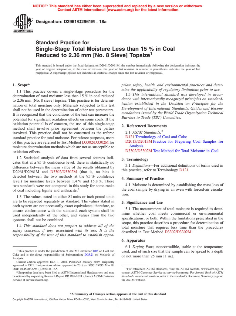 ASTM D2961/D2961M-18a - Standard Practice for  Single-Stage Total Moisture Less than 15 % in Coal Reduced  to 2.36&#x2009;mm [No. 8 Sieve] Topsize