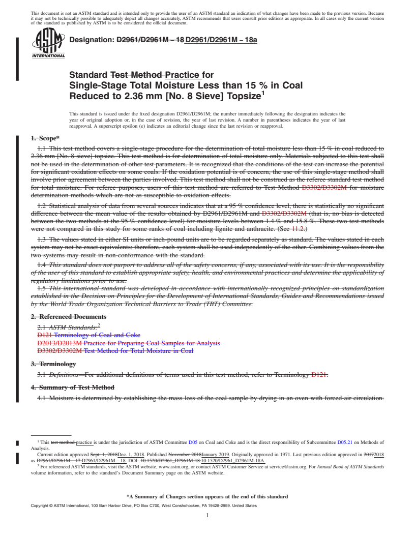 REDLINE ASTM D2961/D2961M-18a - Standard Practice for  Single-Stage Total Moisture Less than 15 % in Coal Reduced  to 2.36&#x2009;mm [No. 8 Sieve] Topsize