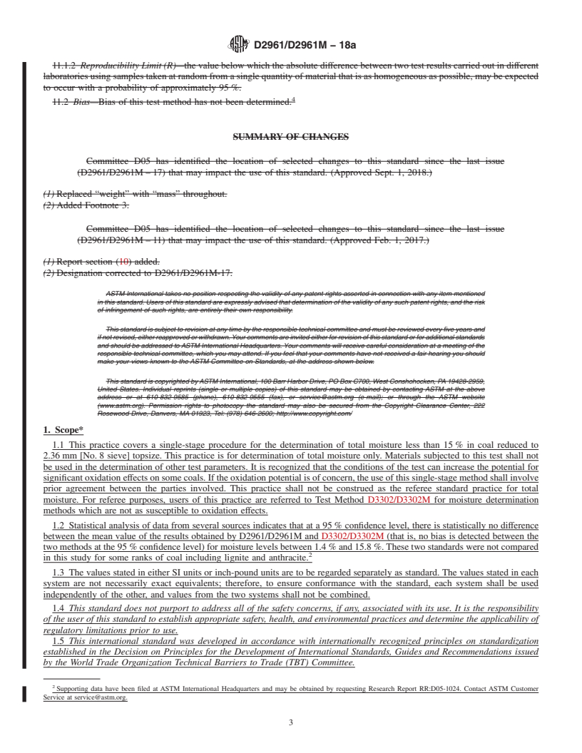 REDLINE ASTM D2961/D2961M-18a - Standard Practice for  Single-Stage Total Moisture Less than 15 % in Coal Reduced  to 2.36&#x2009;mm [No. 8 Sieve] Topsize