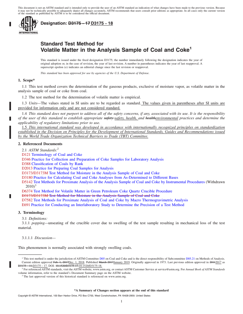 REDLINE ASTM D3175-18 - Standard Test Method for  Volatile Matter in the Analysis Sample of Coal and Coke
