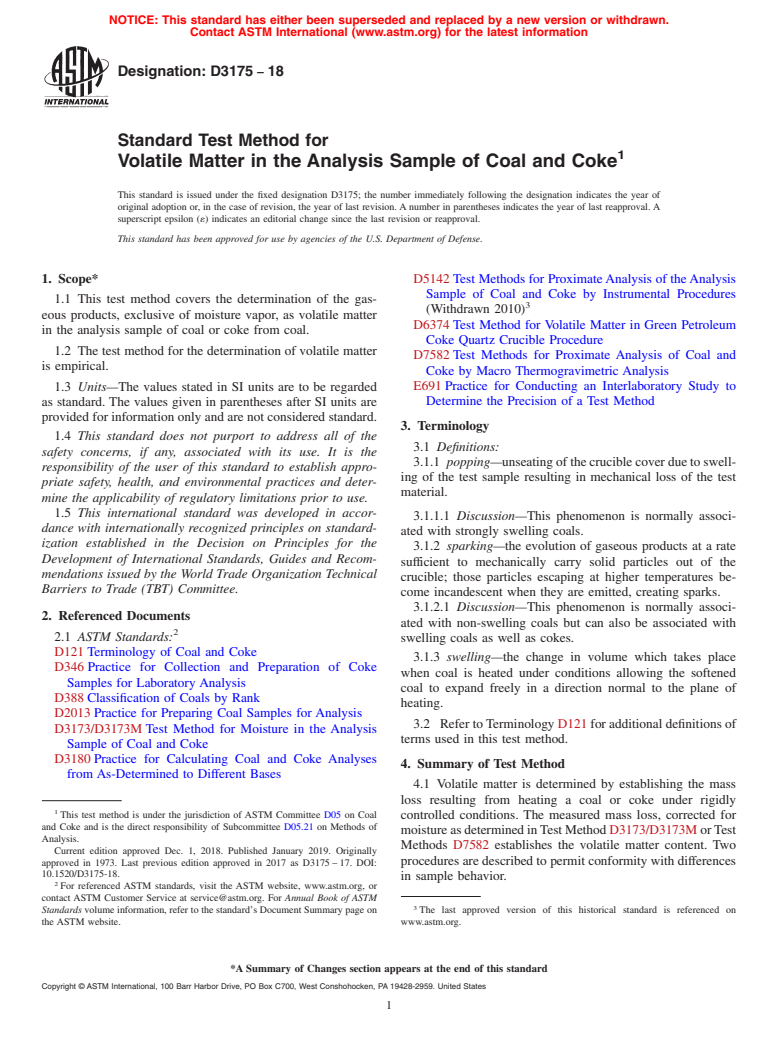 ASTM D3175-18 - Standard Test Method for  Volatile Matter in the Analysis Sample of Coal and Coke