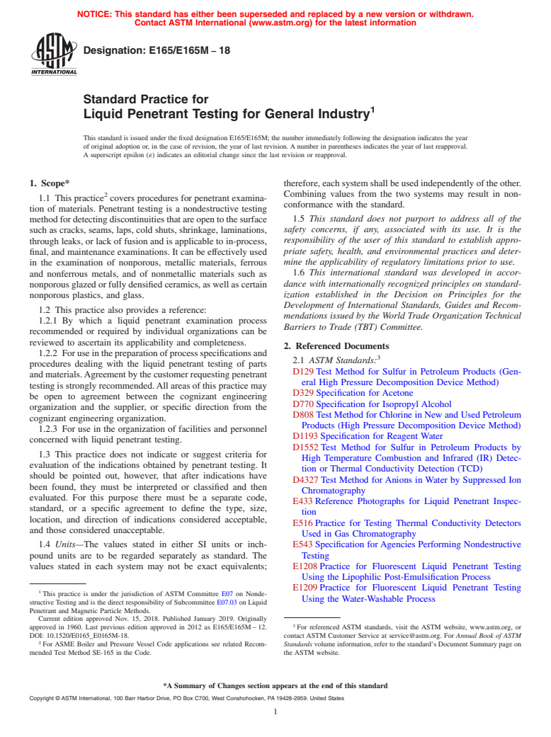 ASTM E165/E165M-18 - Standard Practice for  Liquid Penetrant Testing for General Industry