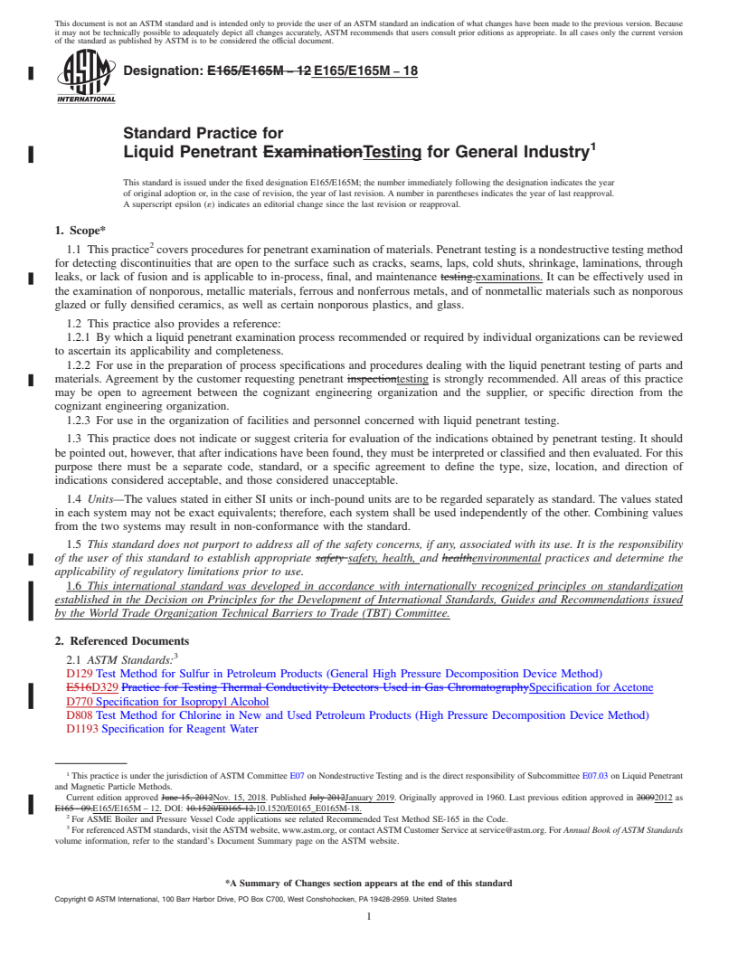 REDLINE ASTM E165/E165M-18 - Standard Practice for  Liquid Penetrant Testing for General Industry