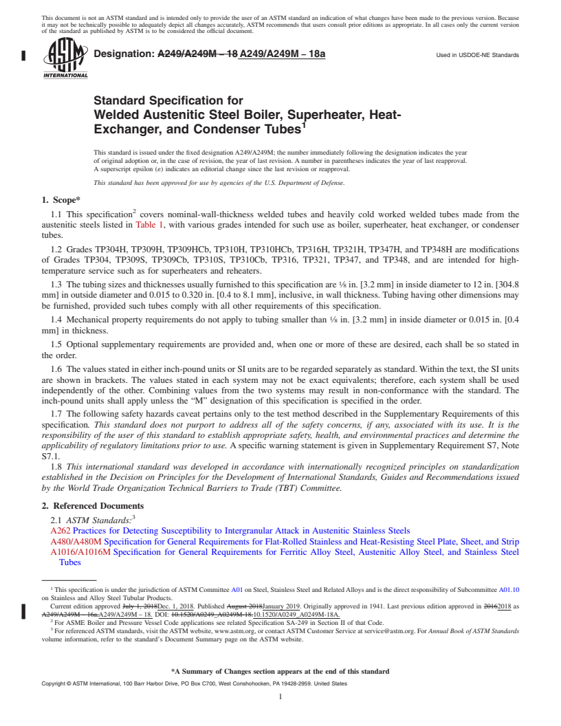 REDLINE ASTM A249/A249M-18a - Standard Specification for  Welded Austenitic Steel Boiler, Superheater, Heat-Exchanger,  and Condenser Tubes
