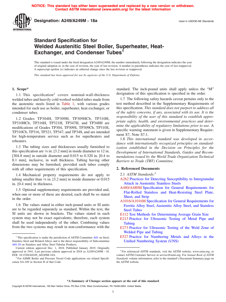 ASTM A249/A249M-18a - Standard Specification for  Welded Austenitic Steel Boiler, Superheater, Heat-Exchanger,  and Condenser Tubes