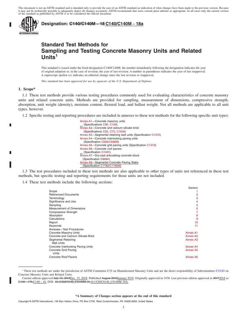 REDLINE ASTM C140/C140M-18a - Standard Test Methods for  Sampling and Testing Concrete Masonry Units and Related Units