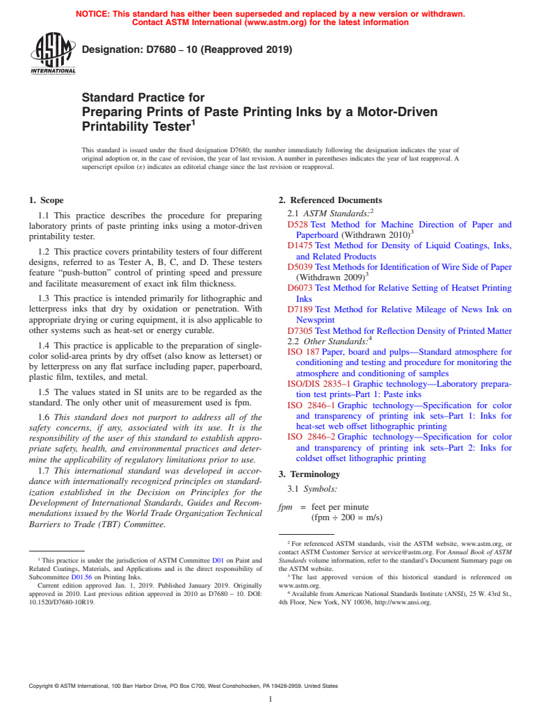 ASTM D7680-10(2019) - Standard Practice for Preparing Prints of Paste Printing Inks by a Motor-Driven Printability   Tester