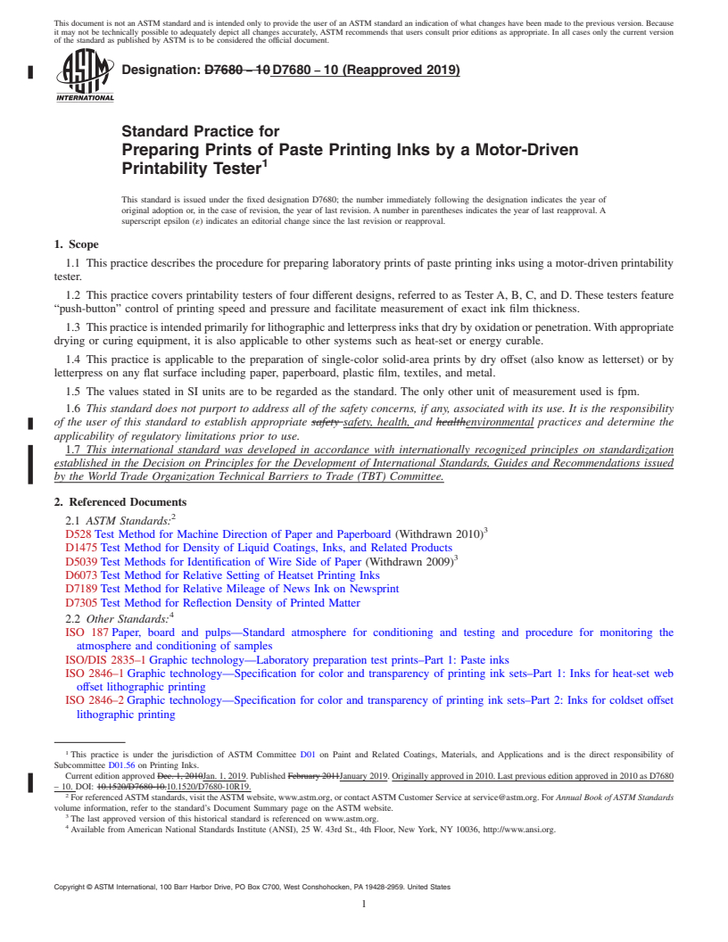 REDLINE ASTM D7680-10(2019) - Standard Practice for Preparing Prints of Paste Printing Inks by a Motor-Driven Printability   Tester