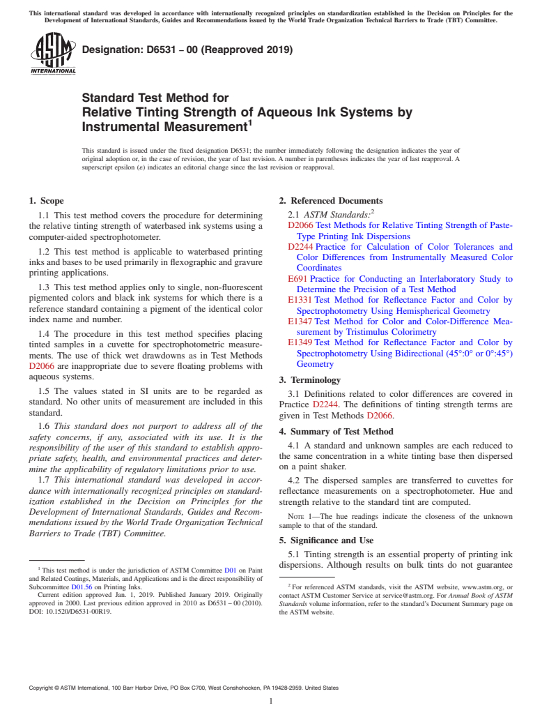 ASTM D6531-00(2019) - Standard Test Method for Relative Tinting Strength of Aqueous Ink Systems by Instrumental   Measurement