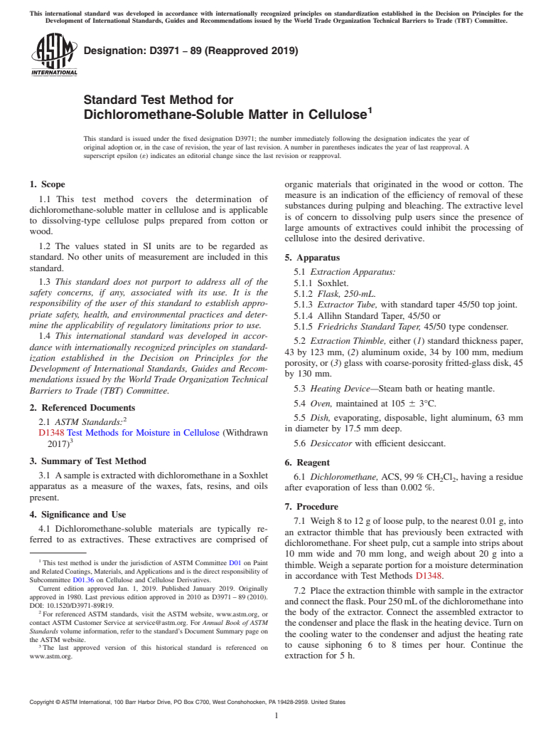 ASTM D3971-89(2019) - Standard Test Method for Dichloromethane-Soluble Matter in Cellulose