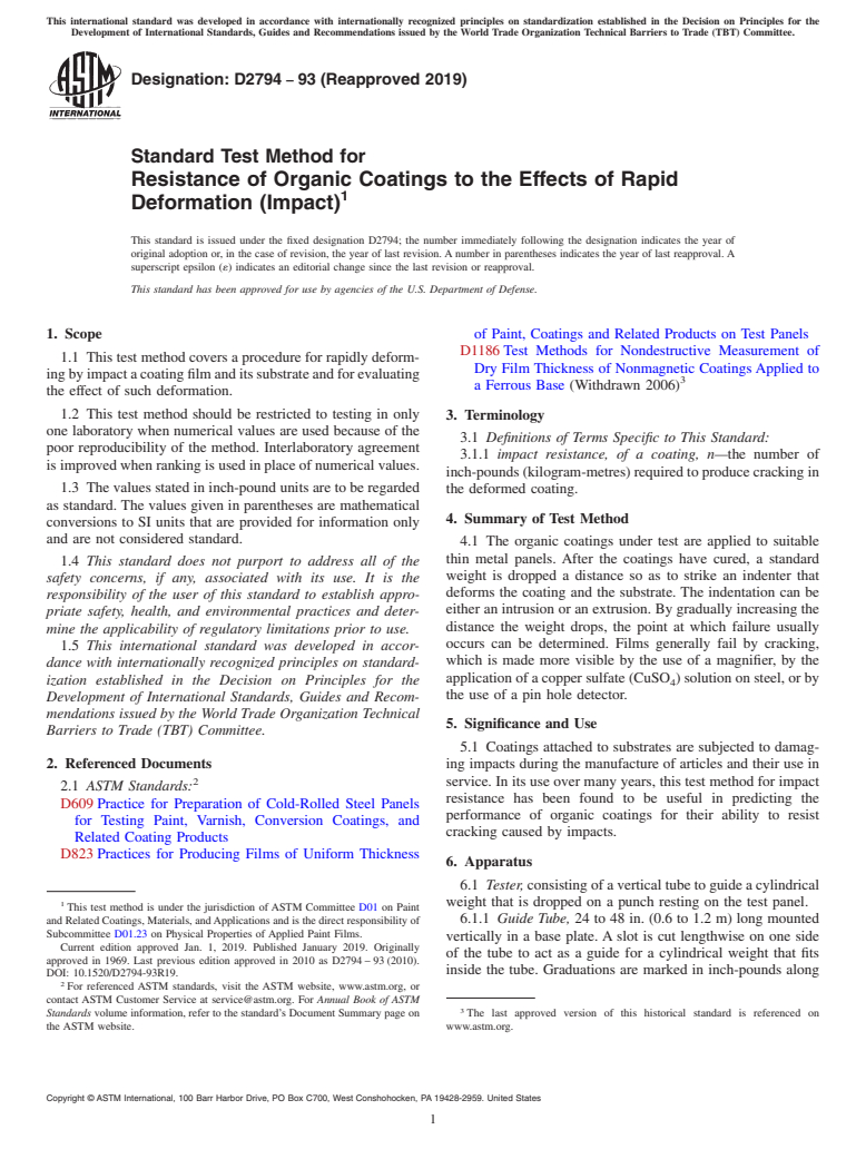 ASTM D2794-93(2019) - Standard Test Method for Resistance of Organic Coatings to the Effects of Rapid Deformation   (Impact)