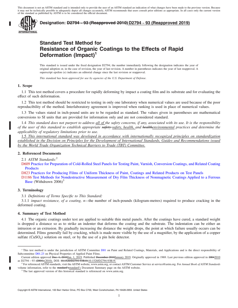 REDLINE ASTM D2794-93(2019) - Standard Test Method for Resistance of Organic Coatings to the Effects of Rapid Deformation   (Impact)