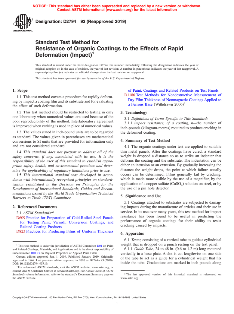 ASTM D2794-93(2019) - Standard Test Method for Resistance of Organic Coatings to the Effects of Rapid Deformation   (Impact)