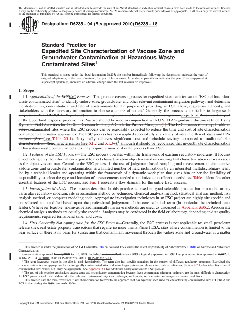 REDLINE ASTM D6235-18 - Standard Practice for  Expedited Site Characterization of Vadose Zone and Groundwater   Contamination at Hazardous Waste Contaminated Sites